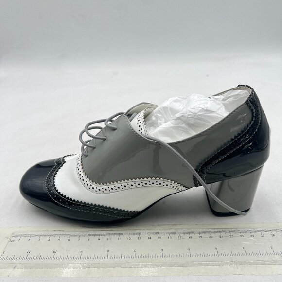 Black/Grey Closed Toe Lace Up Oxfords Perforated Stacked Low Heels Derby Pumps - Picture 1 of 7